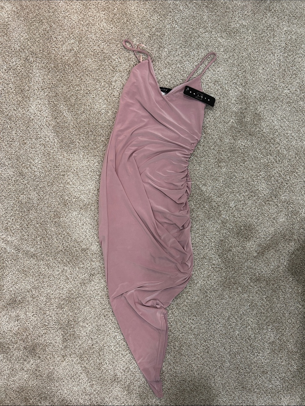 Asymmetrical Mauve Ruched Spaghetti Strap Dress